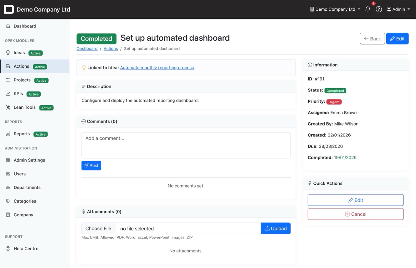Action detail view with comments, attachments and linked idea