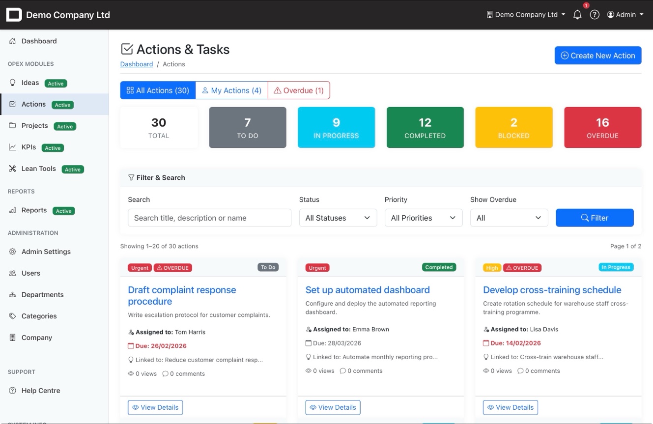 Actions list with status cards and filtering