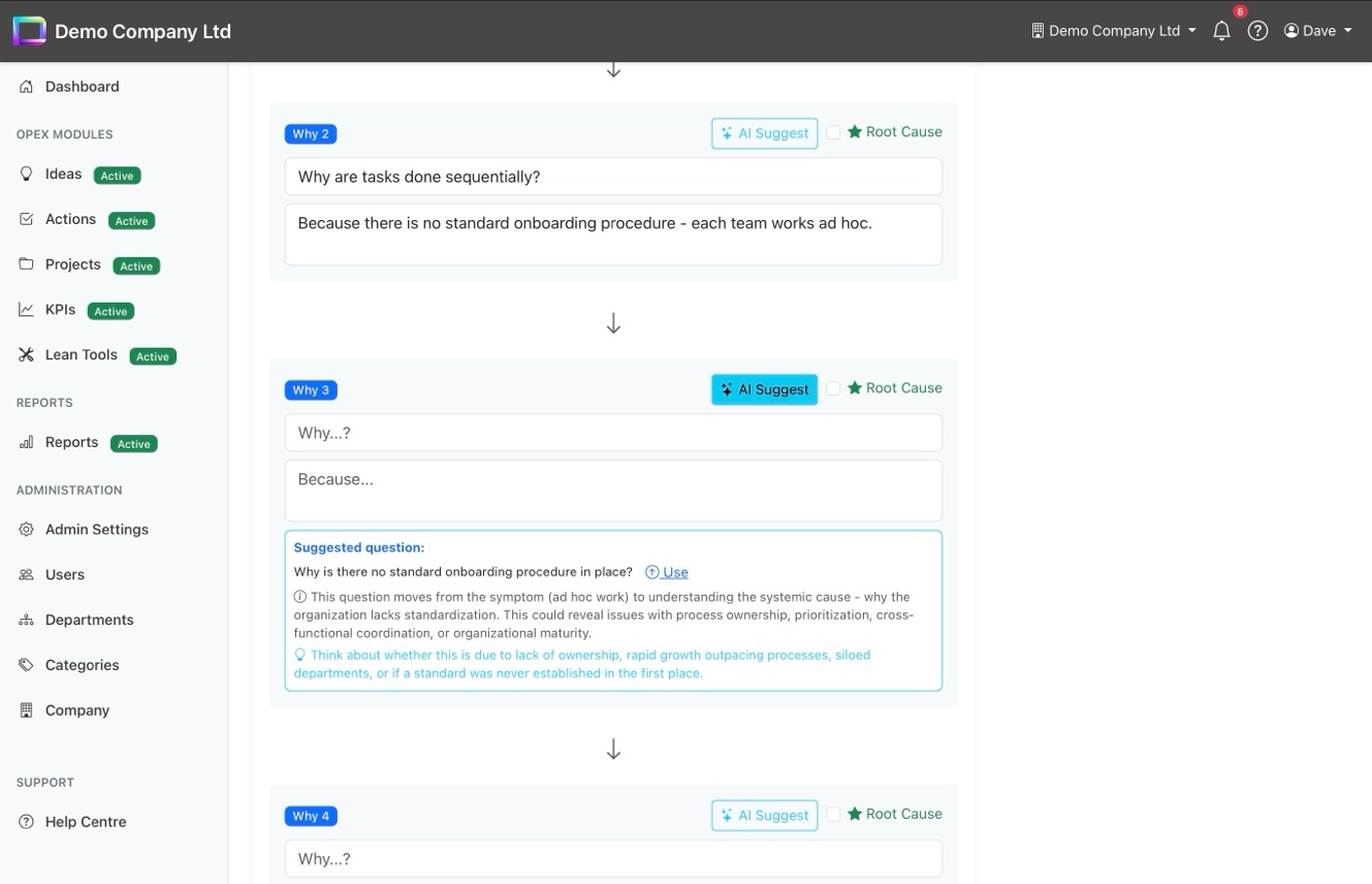 AI Suggest feature on 5 Whys with suggested question, explanation, and coaching tips
