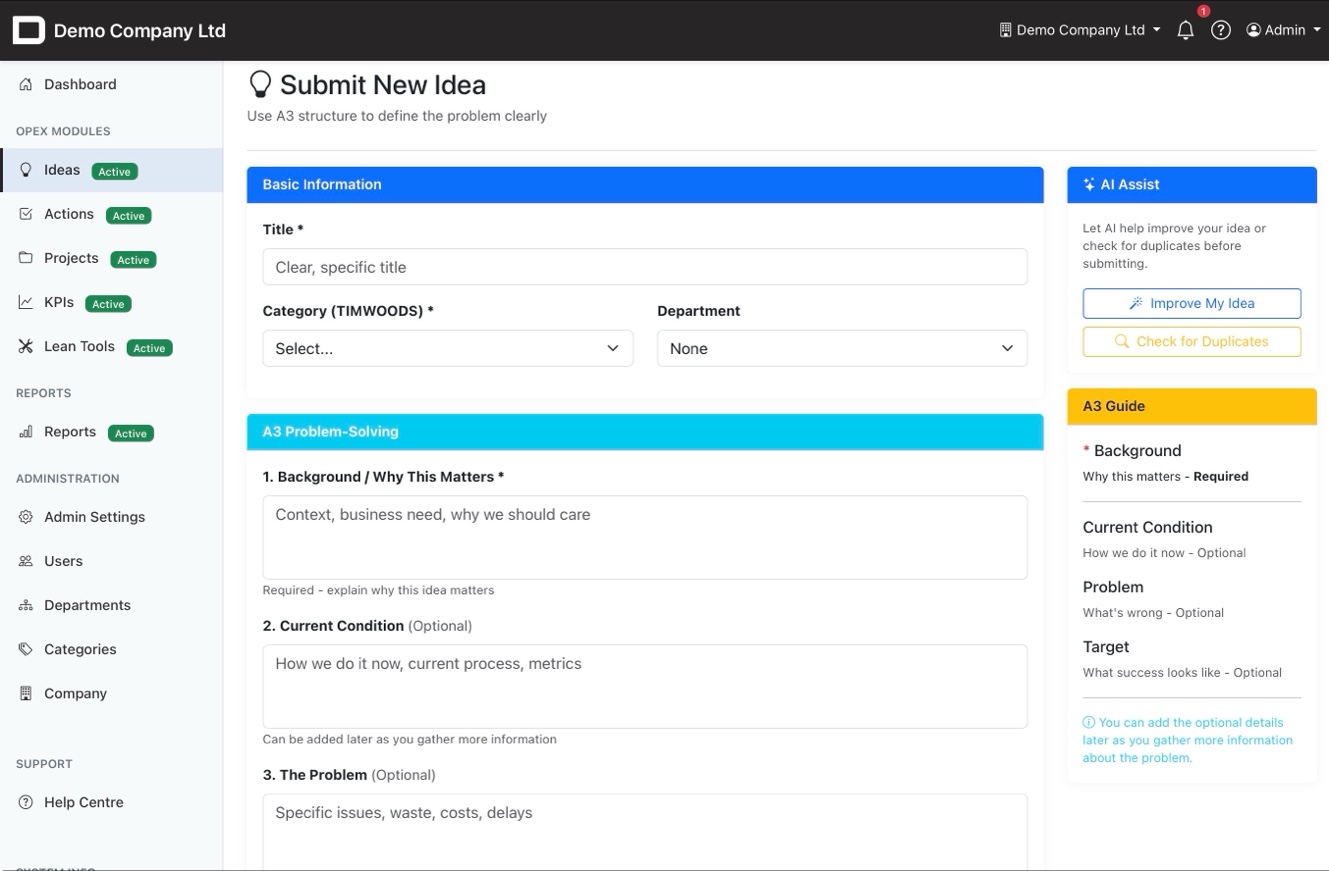 Submit idea form with A3 structure and AI assist