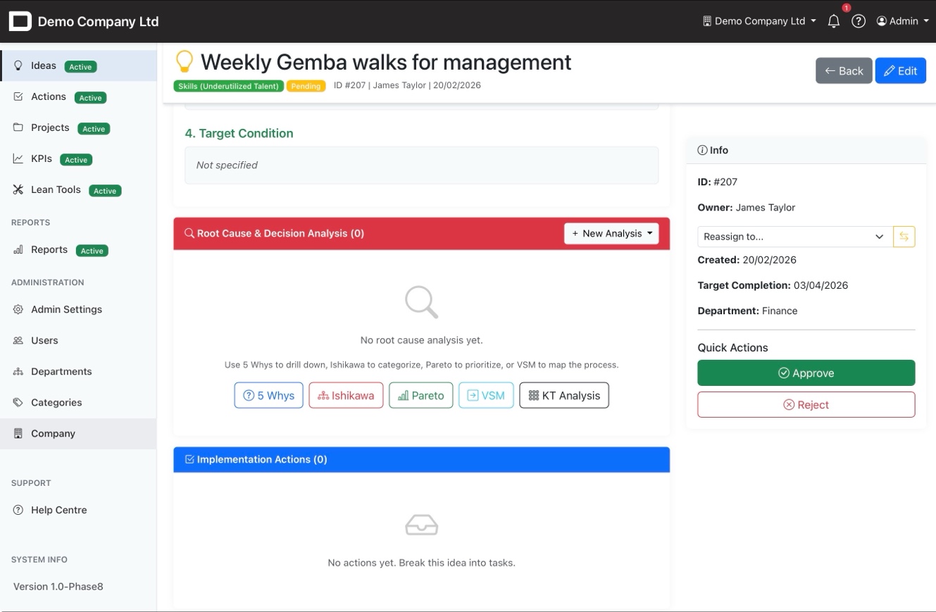 Root cause analysis and lean tools linked to ideas