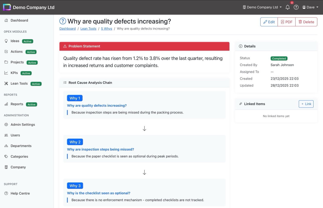 5 Whys root cause analysis with problem statement and why chain
