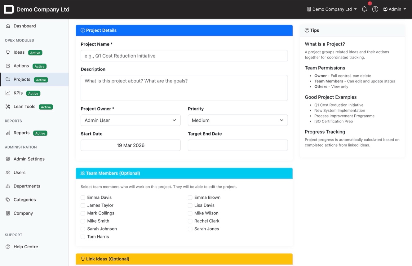 Create project form with team selection and tips