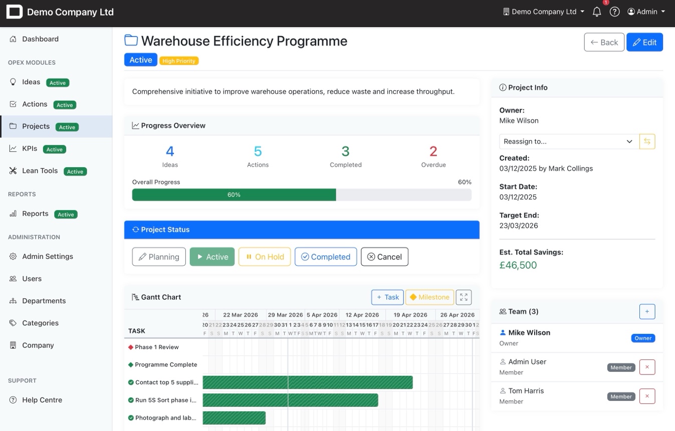 Project detail with Gantt chart, team panel and progress overview