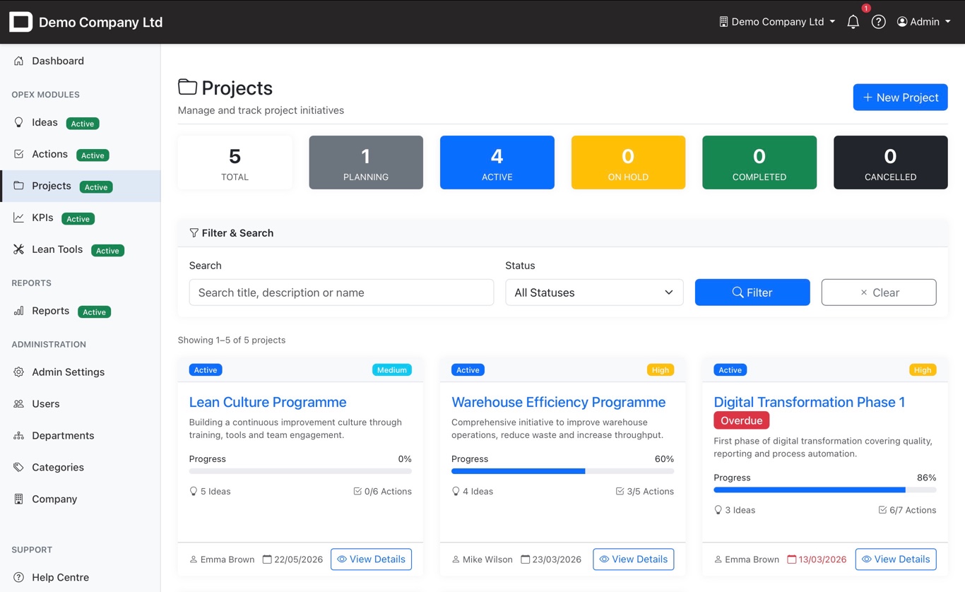 Projects list with status cards and progress bars
